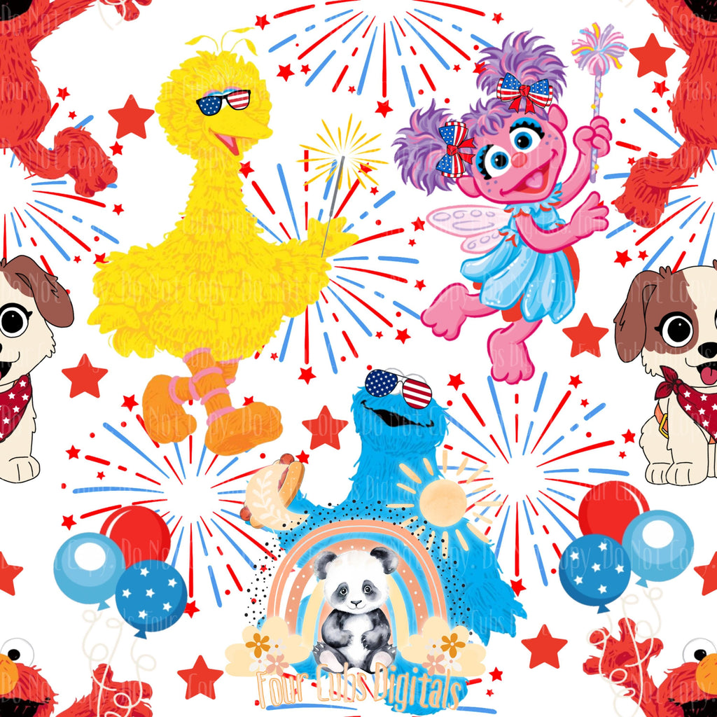 Street Monsters 4th of July white, black, red and blue seamless