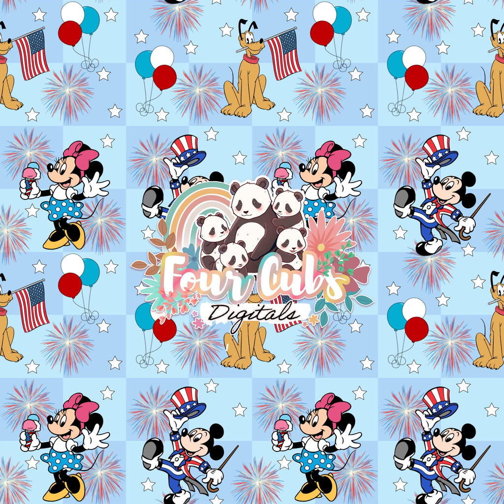 Mouse and Friends checkered, light and dark blue 4th of July seamless