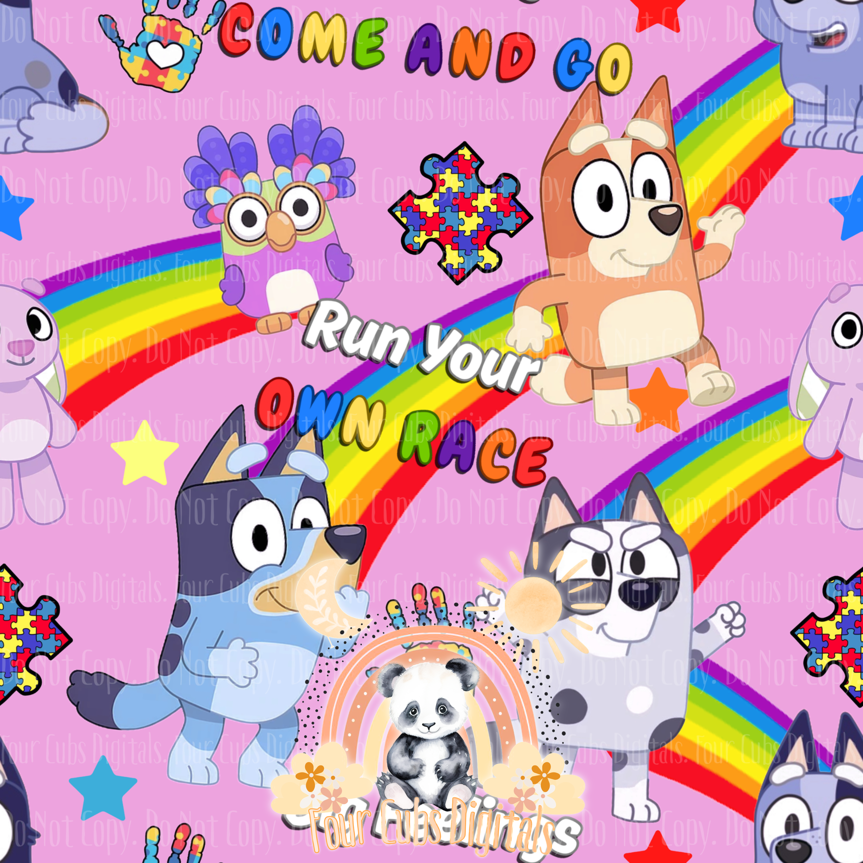 Dog Cousins Autism Black, Blue, Purple and Pink seamless