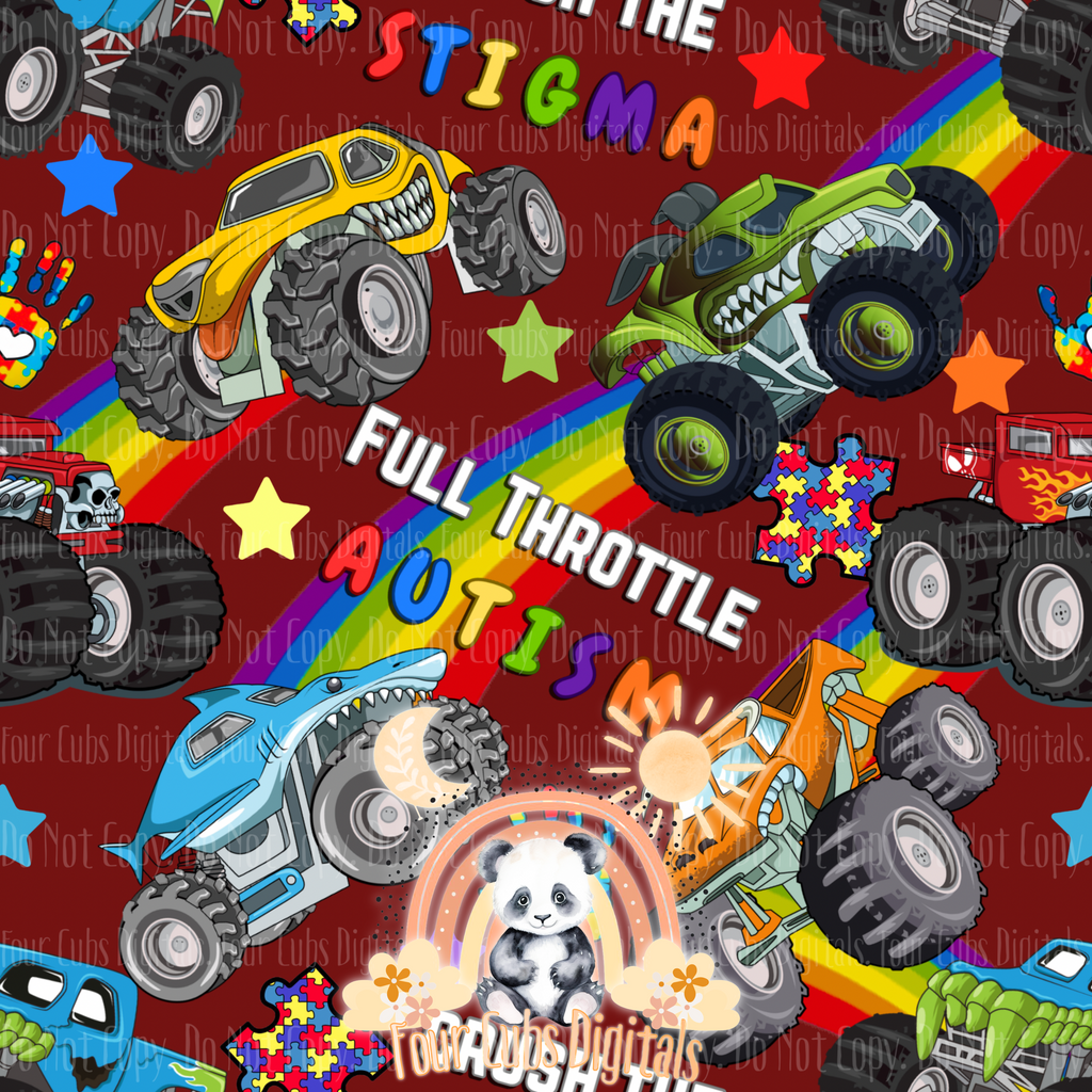 Trucks Autism Black, Blue, Purple and Red seamless