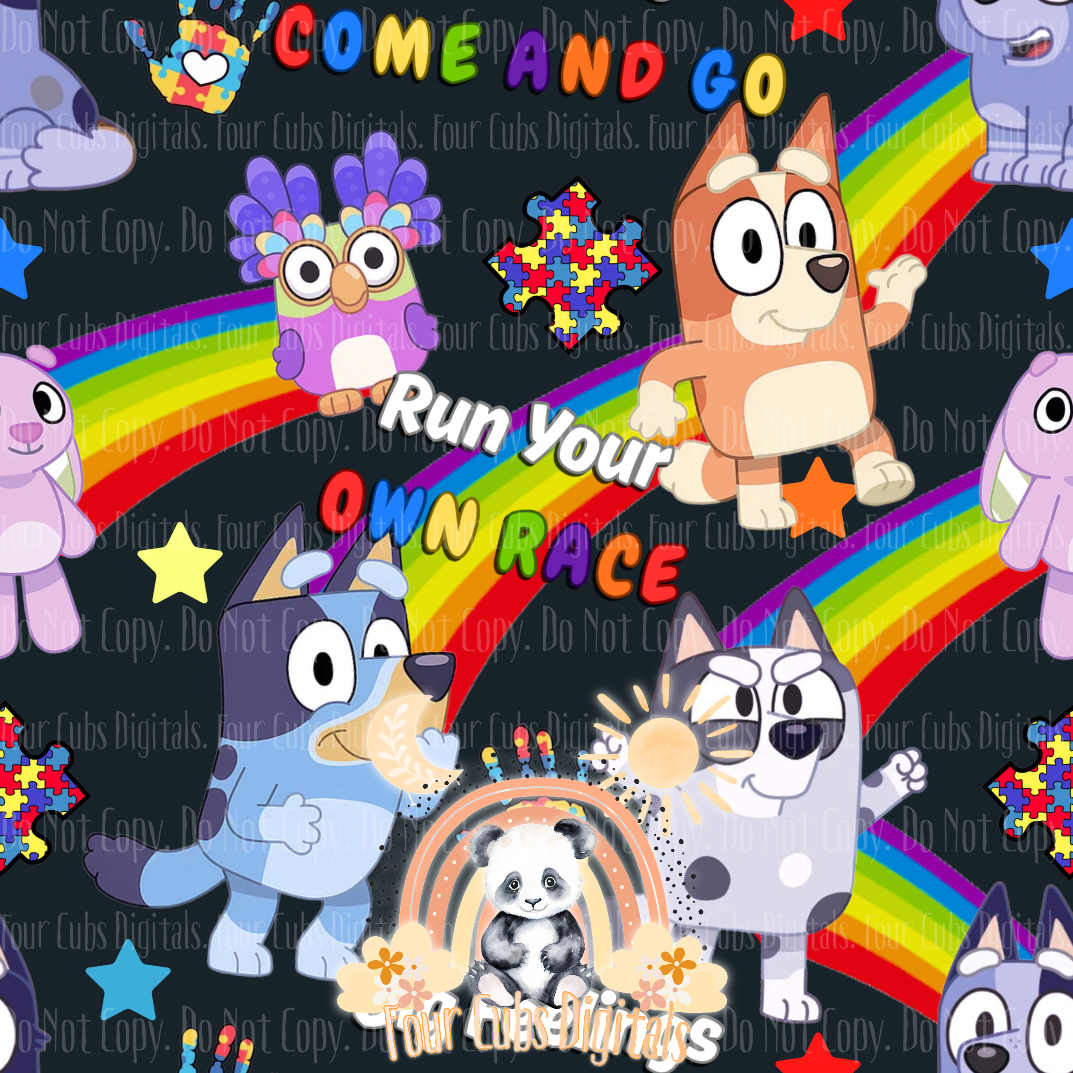 Dog Cousins Autism Black, Blue, Purple and Pink seamless
