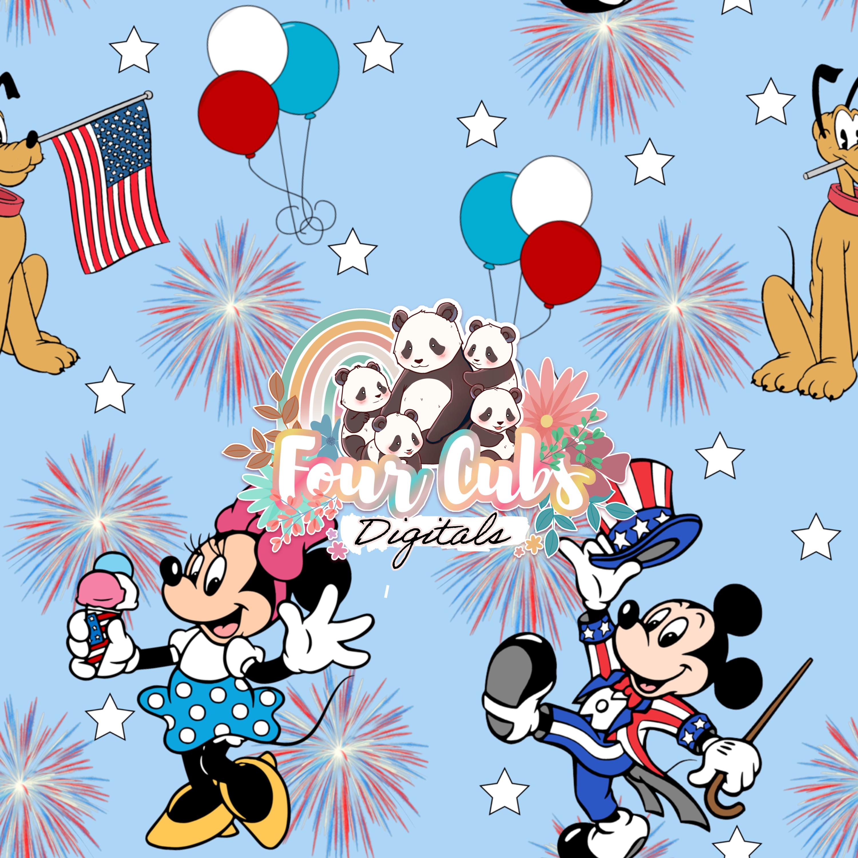 Mouse and Friends checkered, light and dark blue 4th of July seamless