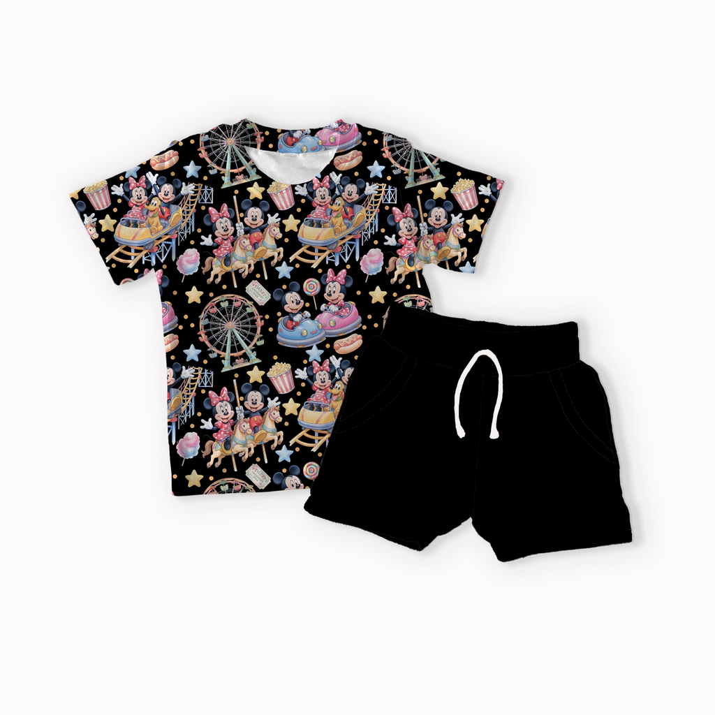 Mouse Amusement Park Tan, Black, Blue and Pink seamless