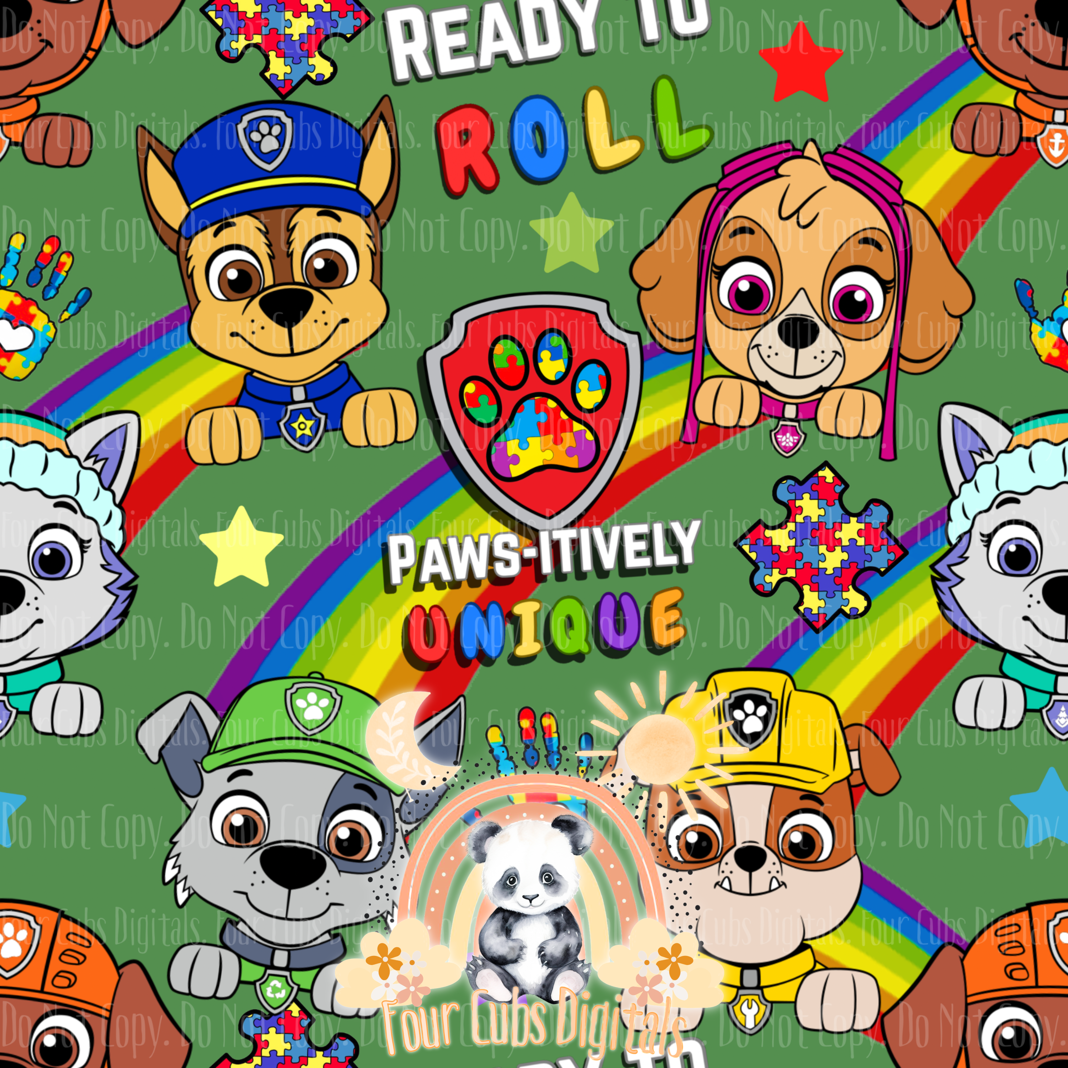 Pups Autism Blue, Purple, Red and Green seamless