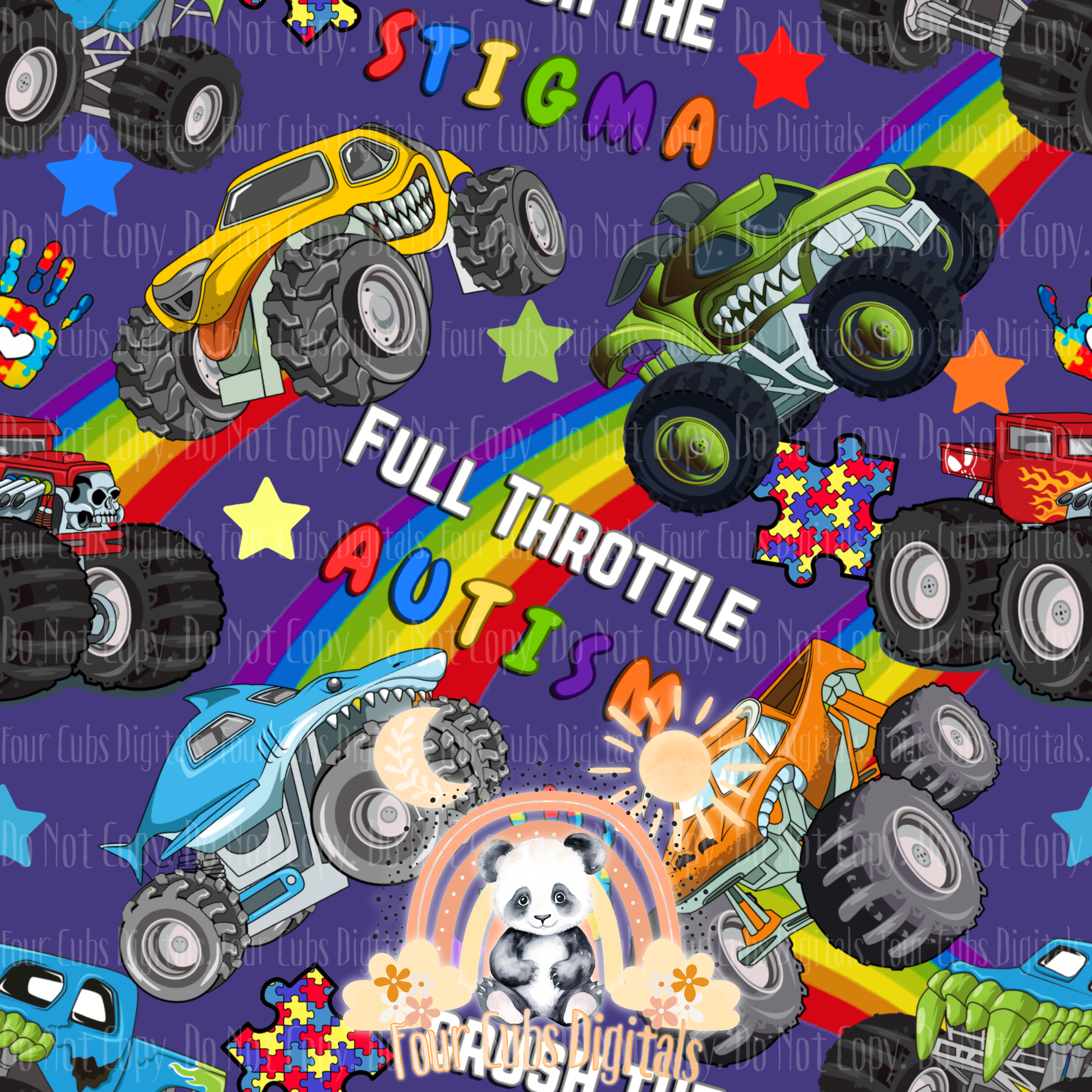 Trucks Autism Black, Blue, Purple and Red seamless