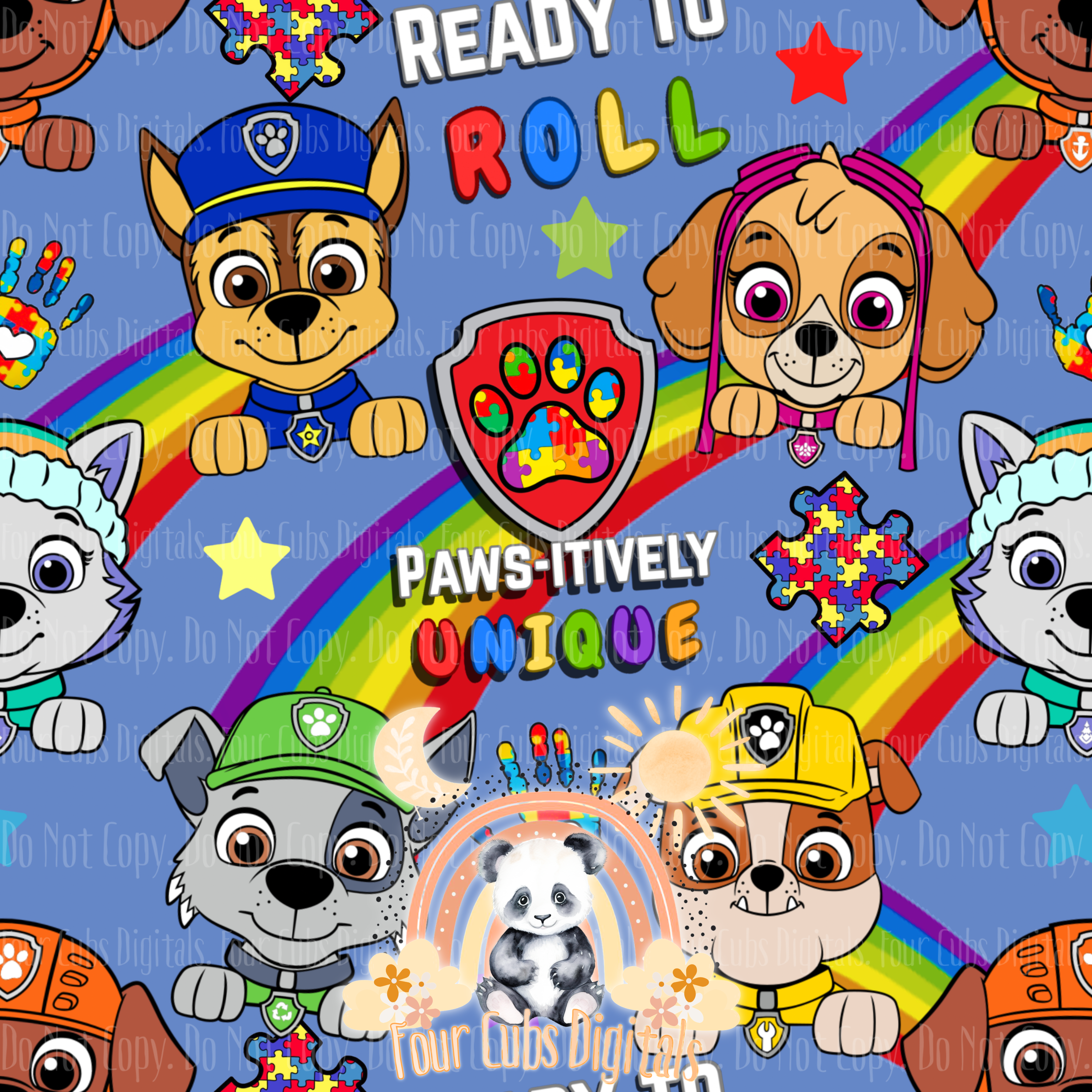 Pups Autism Blue, Purple, Red and Green seamless