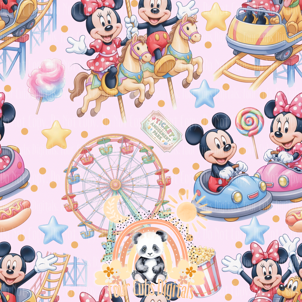 Mouse Amusement Park Tan, Black, Blue and Pink seamless
