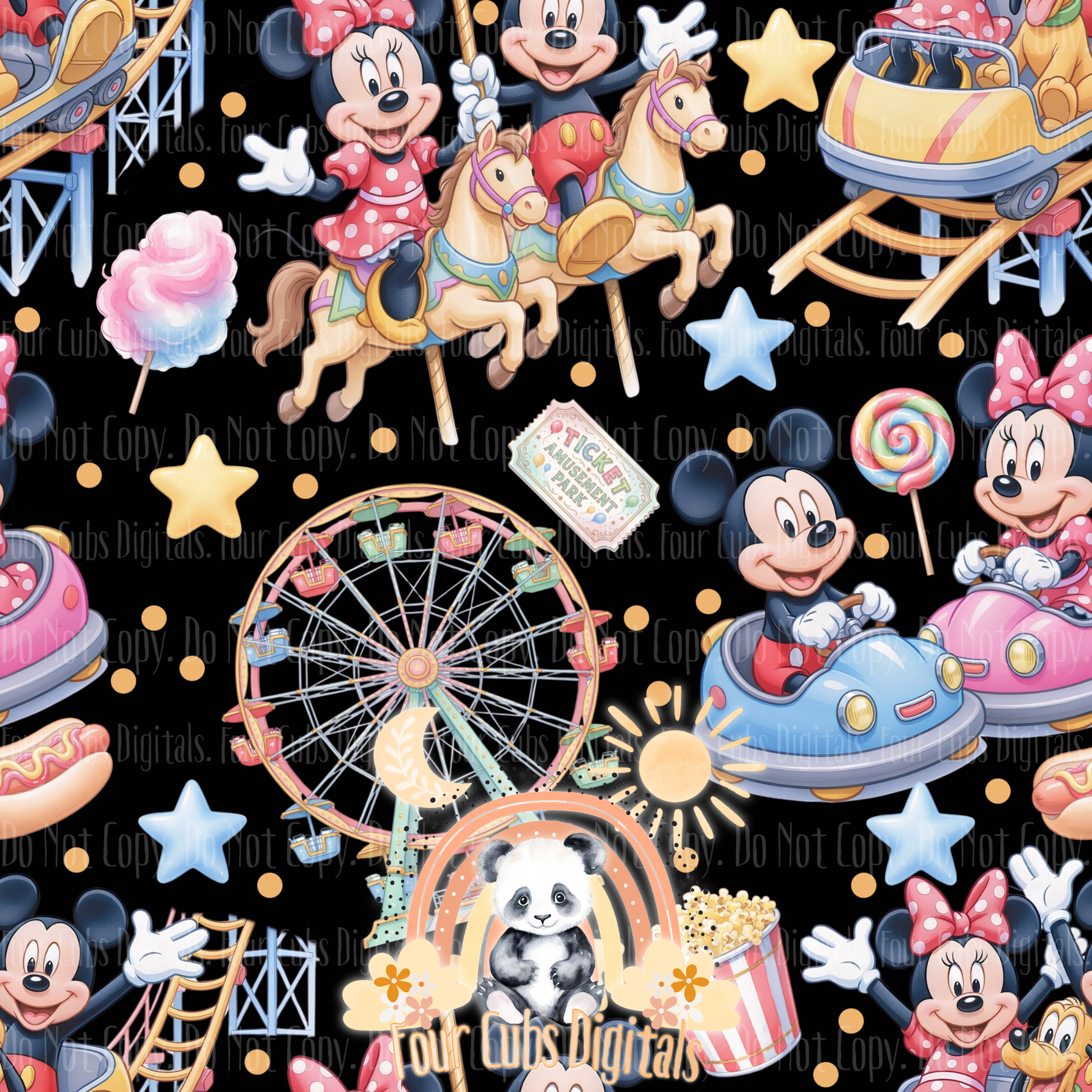 Mouse Amusement Park Tan, Black, Blue and Pink seamless
