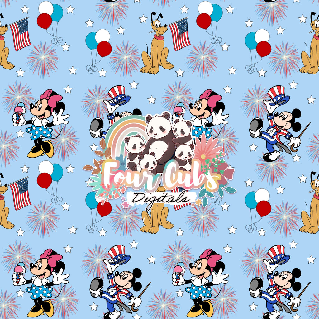 Mouse and Friends checkered, light and dark blue 4th of July seamless