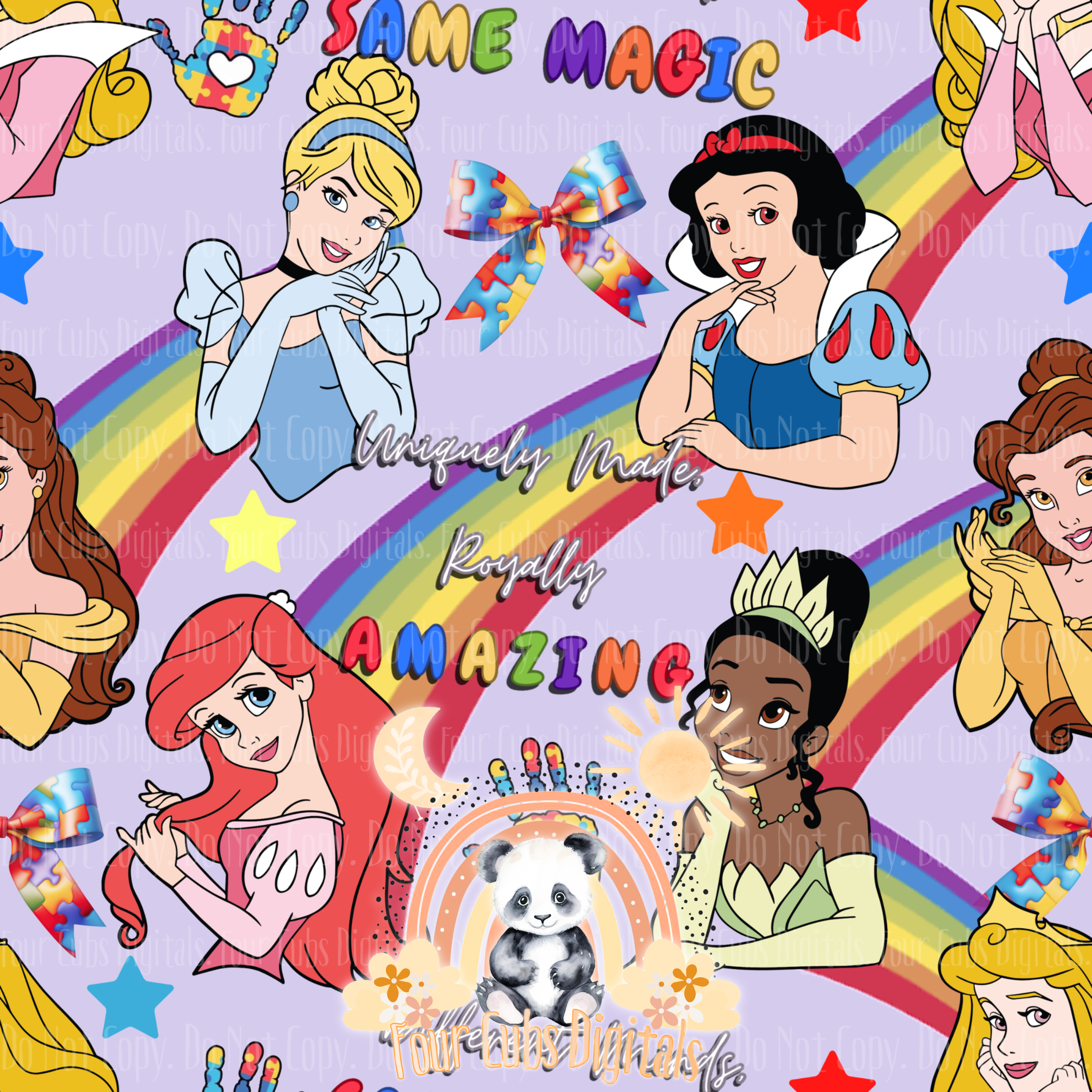 Autism Princess Pink, Purple, Blue and Yellow seamless