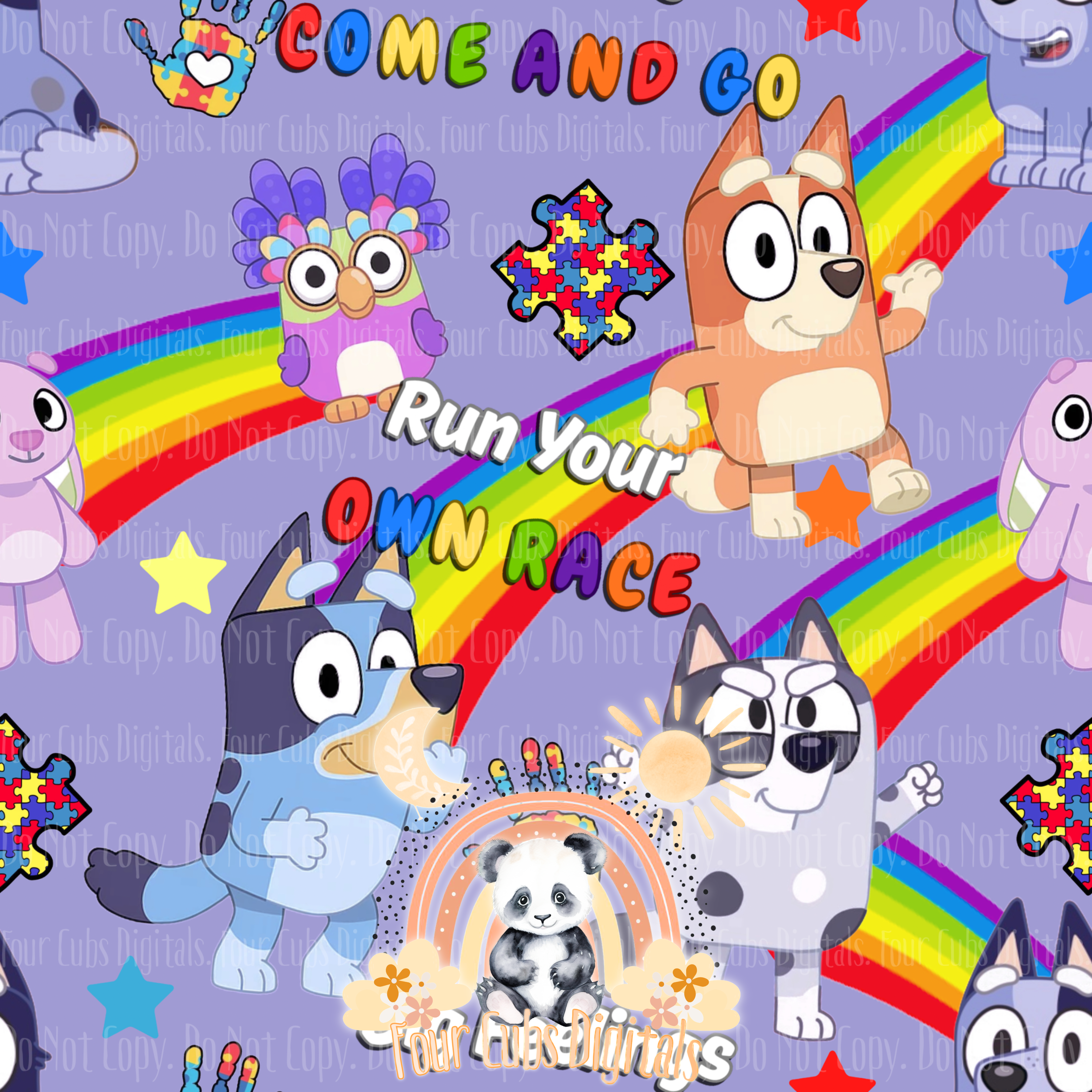 Dog Cousins Autism Black, Blue, Purple and Pink seamless