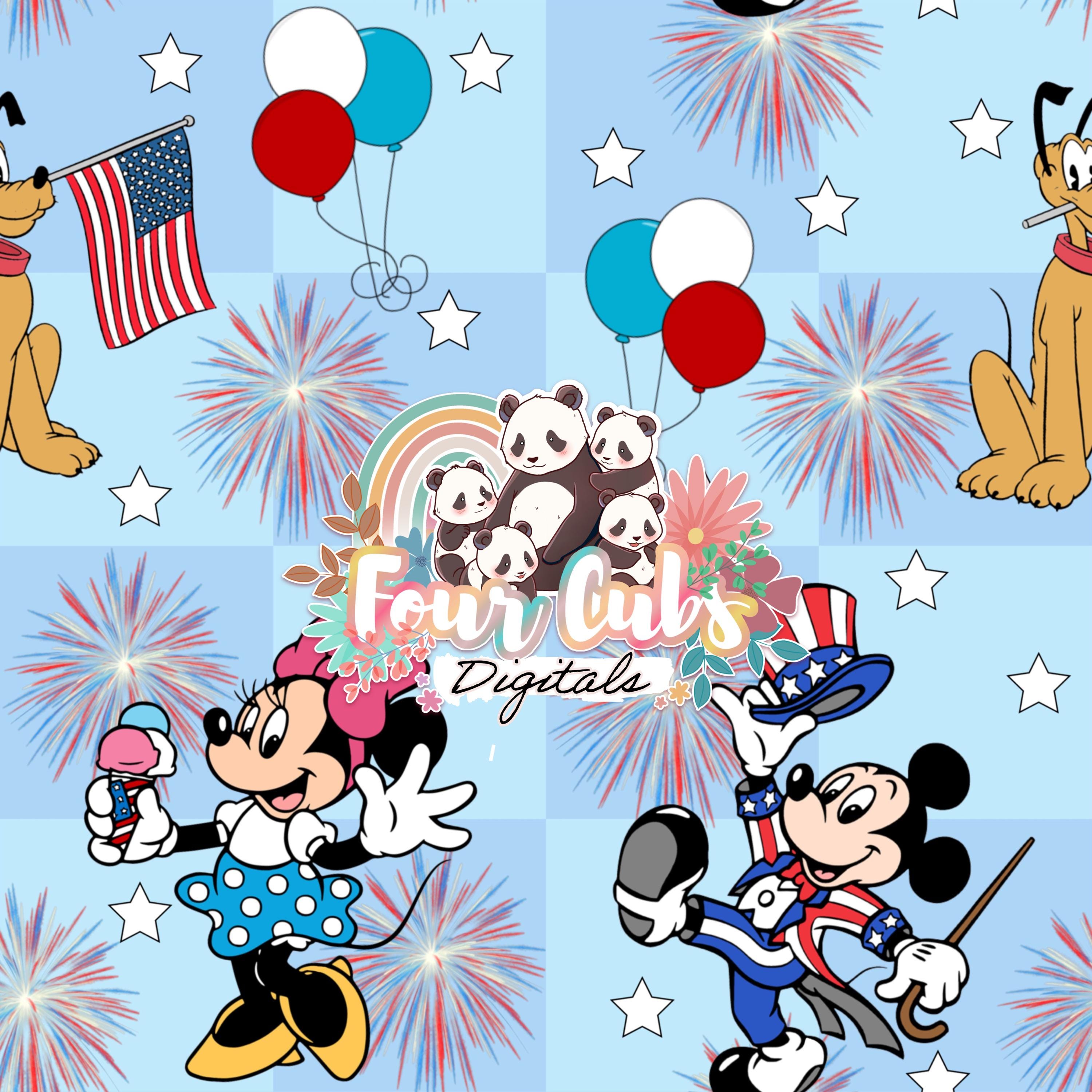 Mouse and Friends checkered, light and dark blue 4th of July seamless