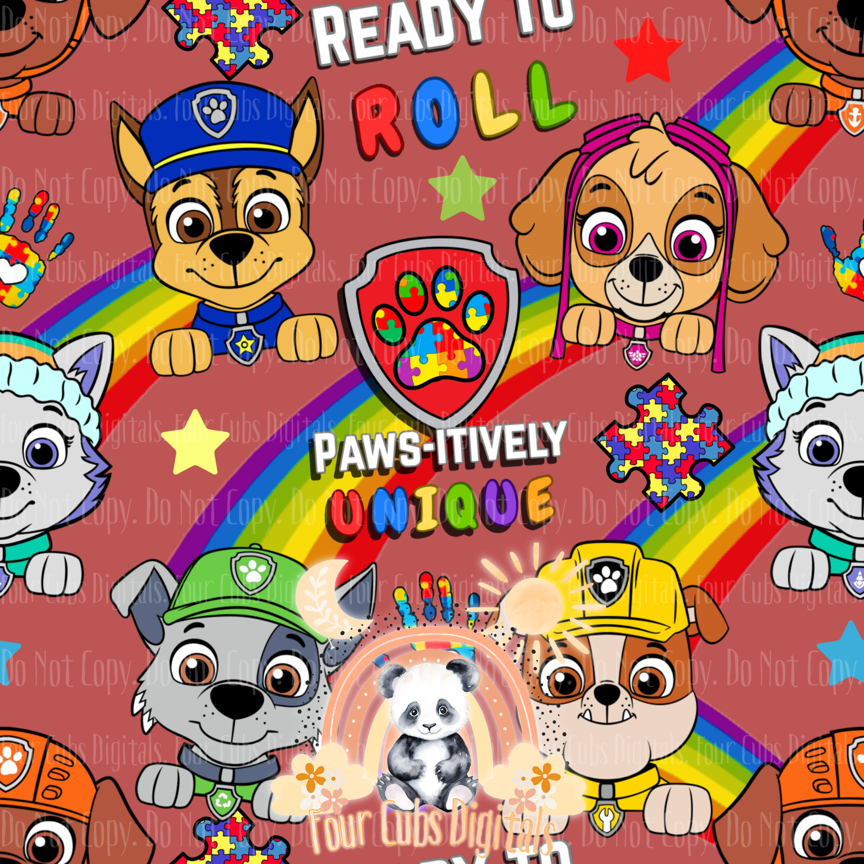 Pups Autism Blue, Purple, Red and Green seamless