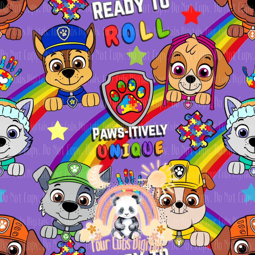 Pups Autism Blue, Purple, Red and Green seamless