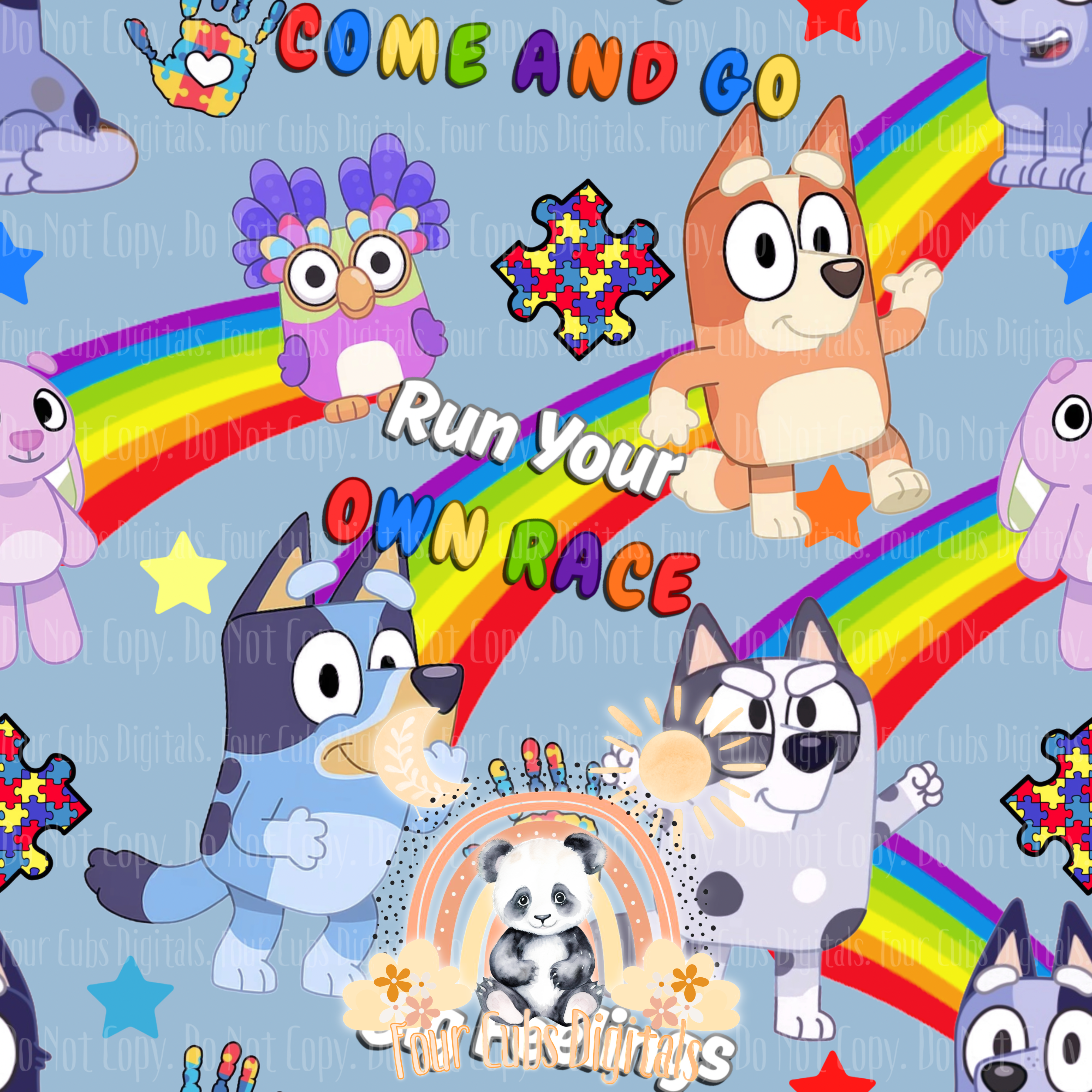 Dog Cousins Autism Black, Blue, Purple and Pink seamless
