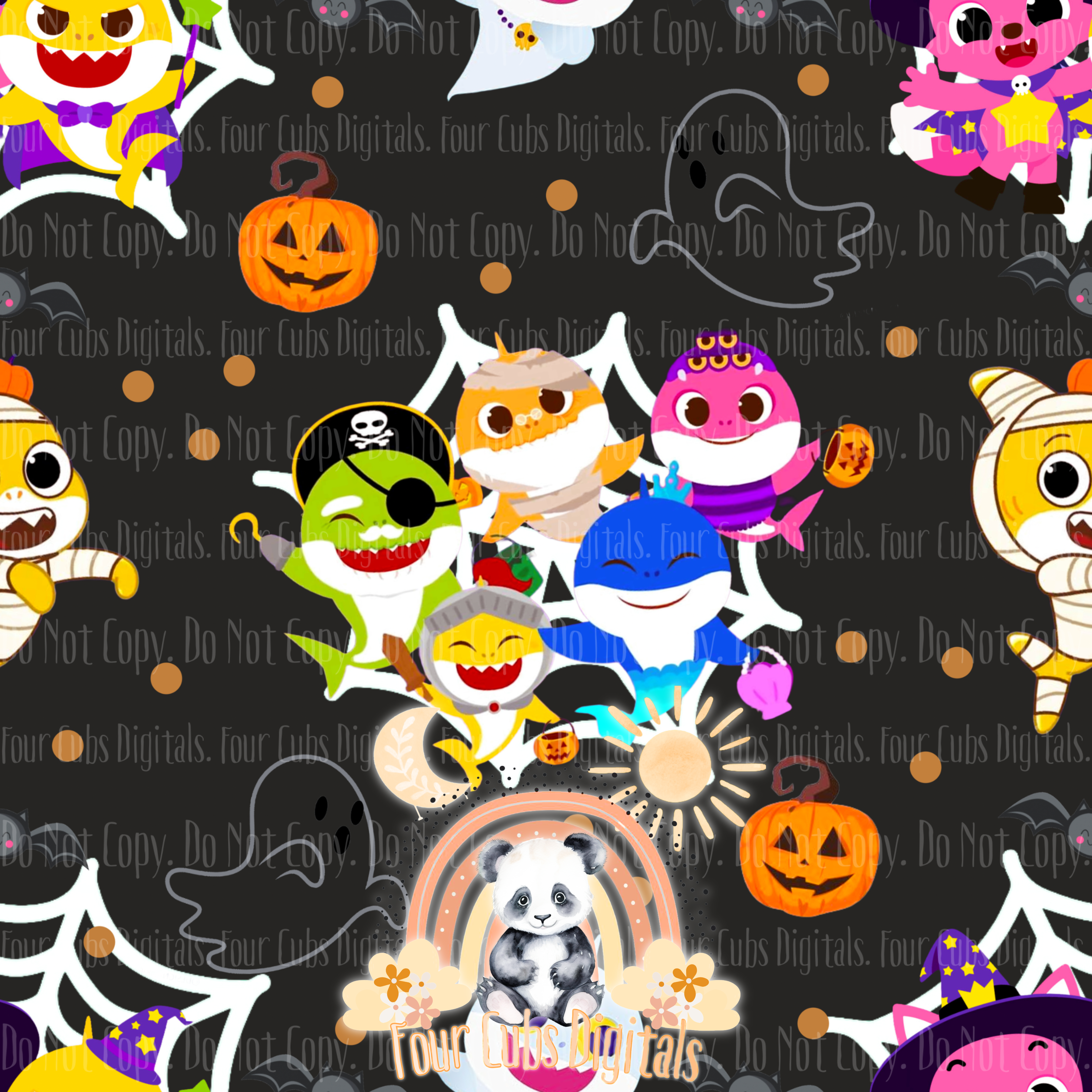 Baby Shark Halloween Black and Orange seamless