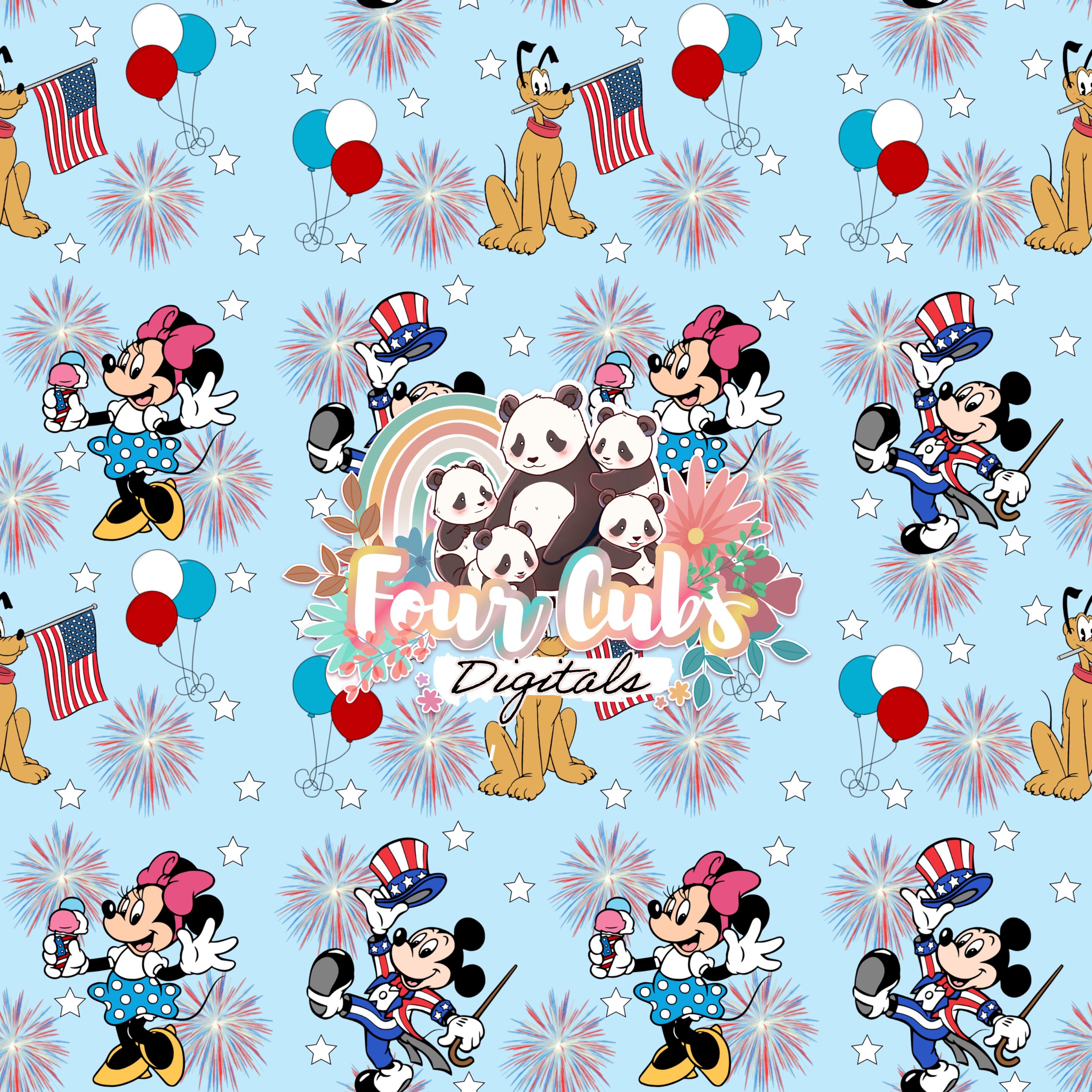 Mouse and Friends checkered, light and dark blue 4th of July seamless