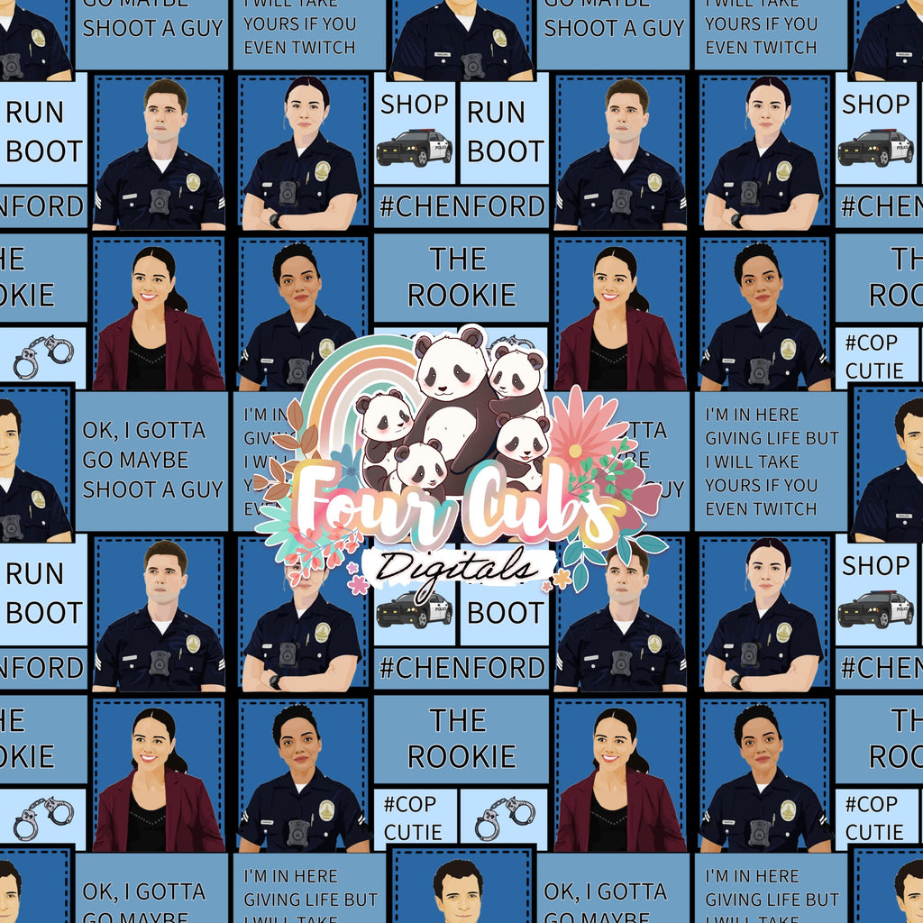 Rookie Cop patchwork blue and pink seamless
