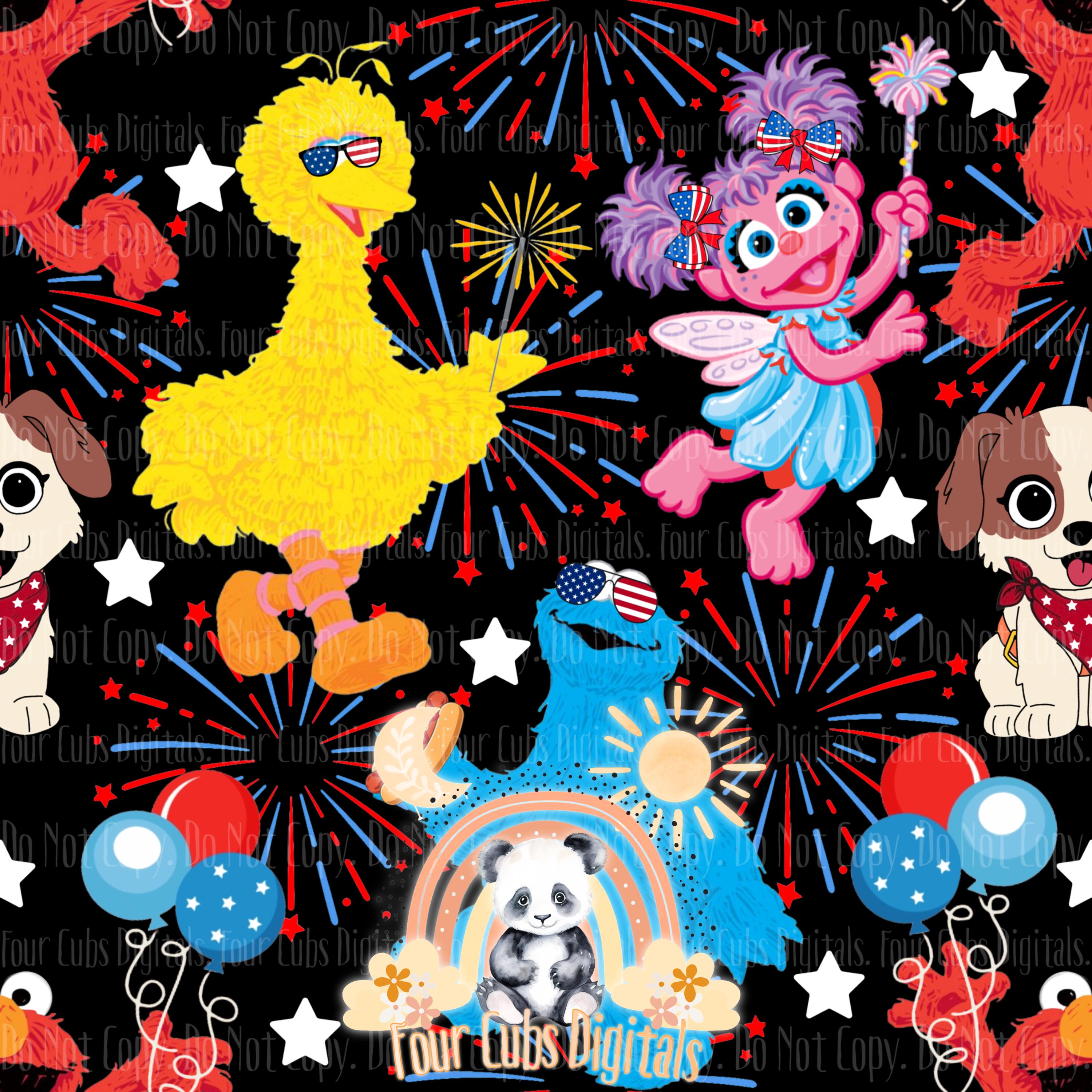 Street Monsters 4th of July white, black, red and blue seamless